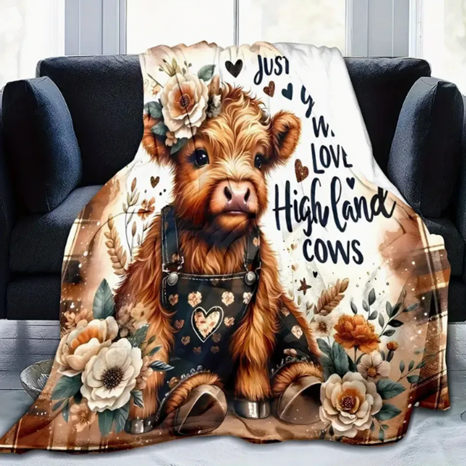 Bohemian Highland Cow Flannel Blanket - Floral & Heart Print Flannel Blanket - Image 2 of 4