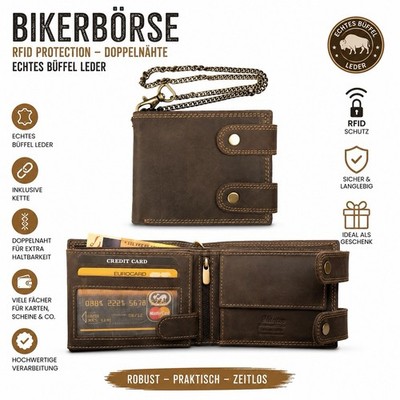 Bikerbörse RFID Echt Büffel Leder Truckerbörse mit Kette & Gravur Möglich