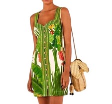 FARM RIO Fresh Forest Scarf Sweetheart-Neck Minidress 100% Linen Size L