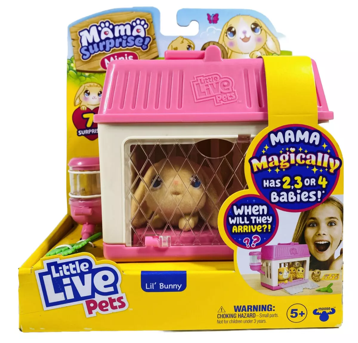  Little Live Pets - Mama Surprise Minis. Feed and Nurture a Lil'  Bunny Inside Their Hutch so she can be a Mama. She has 2, 3, or 4 Babies  with Accessories