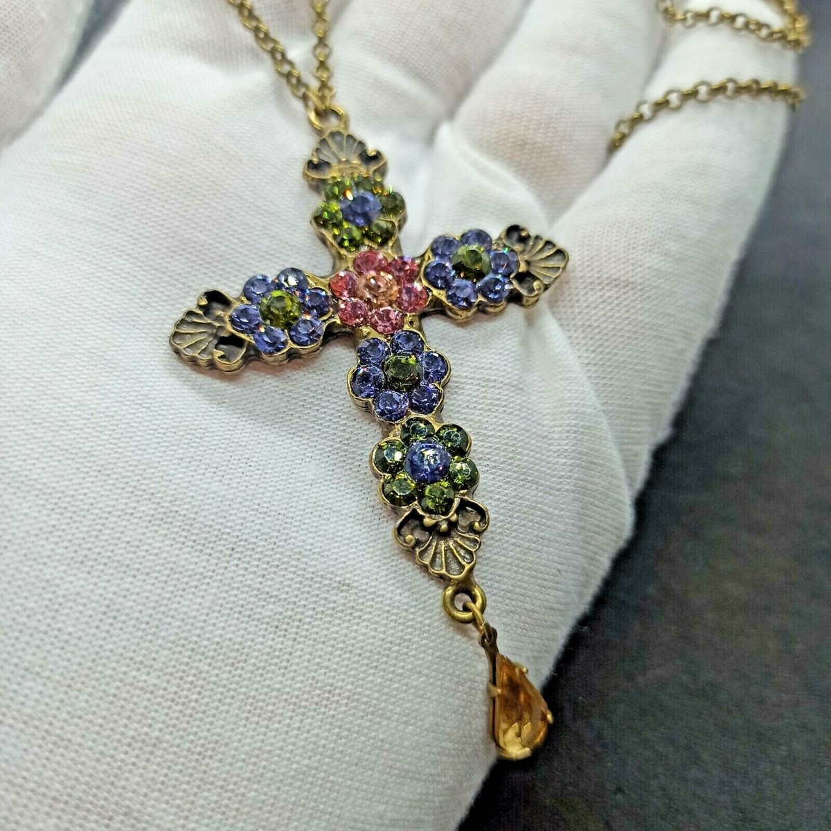 Michal Negrin Cross Necklace Purple Flower Pendant & Swarovski