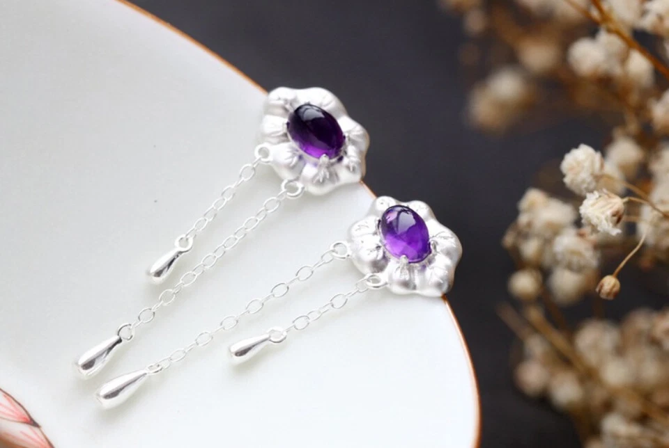 B06 Orecchini Spina Lilla Ametista Fiore Nappe Argento Sterling 925 - Immagine 3 di 4