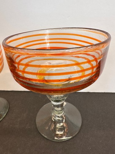 NEW Set of 4 -Crate & Barrel Margarita Glasses Orange Swirl / Mexico / Handmade - Picture 4 of 6