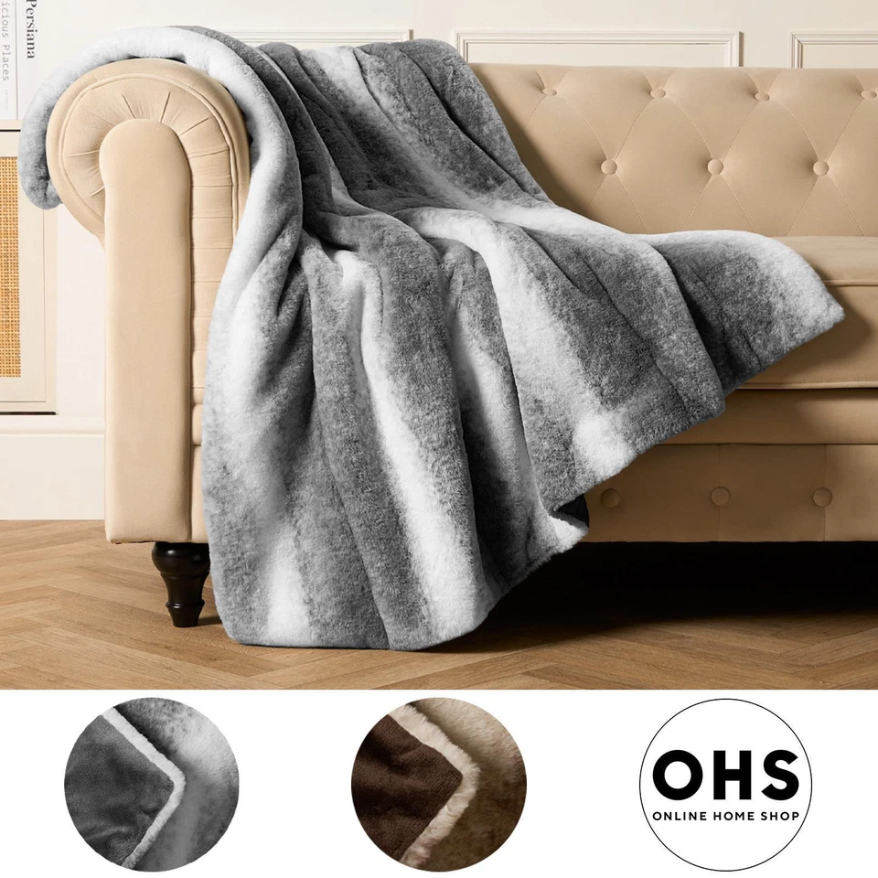 OHS Stripe Throw Over Blanket Faux Fur Fleece Super Soft Plush Sofa Warm Bedspread