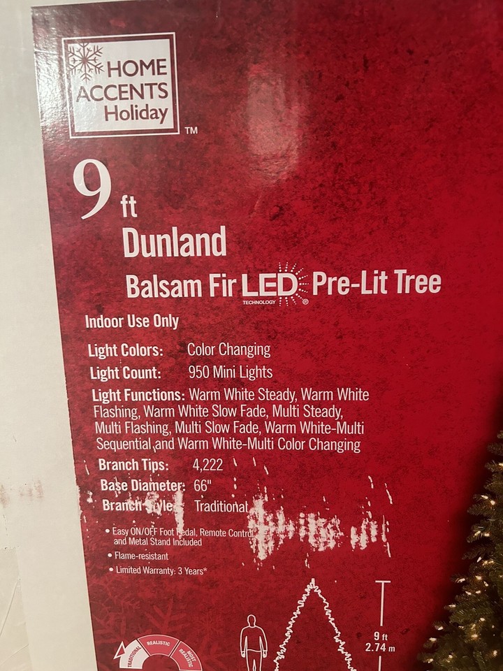 Home Accents Christmas Tree 9ft Dunland Balsam Fir LED Prelit TreeNew