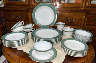 32 Pc Pyrex Olive Green Gold Trim Dinnerware Set Plate Cup Saucer Creamer Sugar