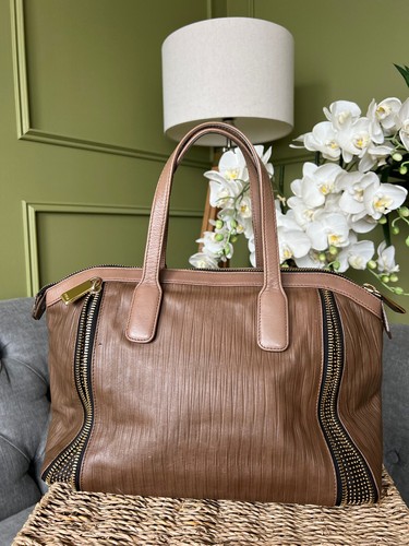 Furla Amazzone Bag Taupe brown leather Expandable Handbag Stud Zip Detail - Picture 7 of 17