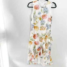 CALVIN KLEIN Big Floral Print Ruffle Midi Dress 4 Cream White Asymmetrical NWT