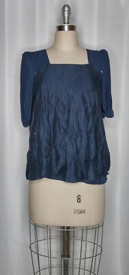 MM COUTURE BY MISS ME WOMEN'S SILK COTTON PLEATED SLEEVELESS TOP BLUE SMALL S 