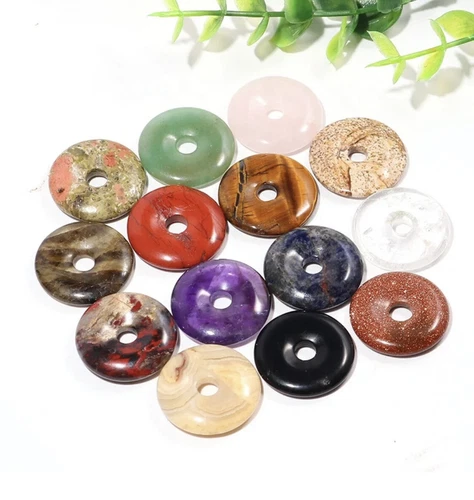 Natural Gemstone Healing Crystal Doughnut Pendant Button Rose Quartz Amethyst