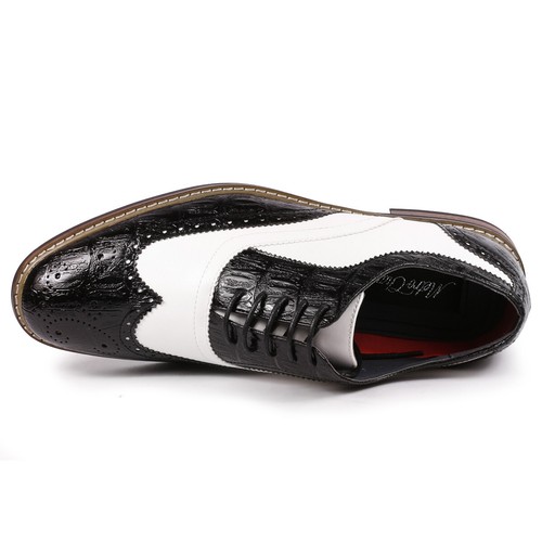 Zapatos de vestir Oxford con cordones de esmoquin espectador con punta de ala perforada negro blanco para hombre - Imagen 4 de 10