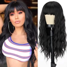 Cecehair Long Black Wig with Bangs Synthetic 24" Wavy Bang Black Wigs for Women