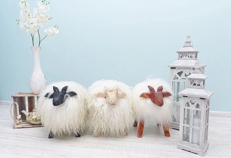 Sheepskin Ottoman.Natural Sheepskin Footstool Christmas Gift.Nursery Room Decor - Image 3 of 4