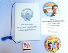 1981 President Reagan Inauguration Buttons & Chicago Ball Ticket Program Matches