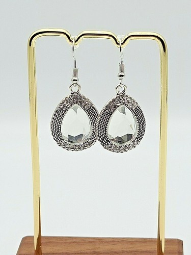 Silver Shimmering Teardrop Dangling Earrings w Clear Crystals - Picture 6 of 6
