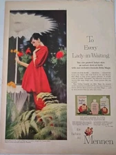1958 Mennen Baby Oil Magic Powder  Lady in waiting red Fitwel dress vintage Ad 