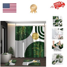 Olive Green and Gold Boho Mid Century Shower Curtain Set with Toilet Lid...