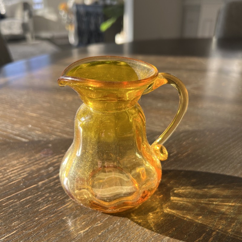 Vintage Amber Glass Mini Pitcher Handblown MCM 4” Tall