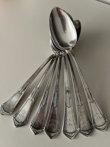 6 (+1) Art Nouveau Tablespoons August Wellner & Söhne, 90 Silver Overlay, Monogram - Picture 1 of 19
