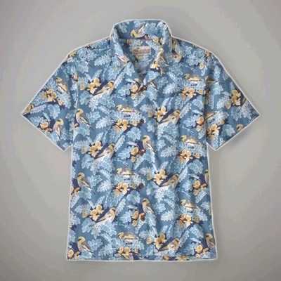 Pataloha Hawaiian Shirt Men XL Blue Tropical Floral Birds Organic Cotton Resort