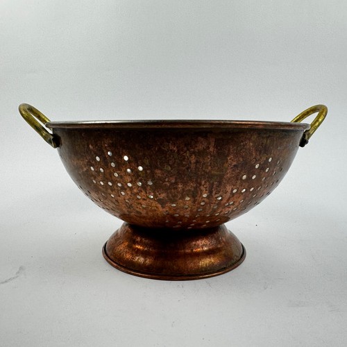 Vintage Copper Colander Strainer Pedestal Footed Brass Handles 9" Full Patina