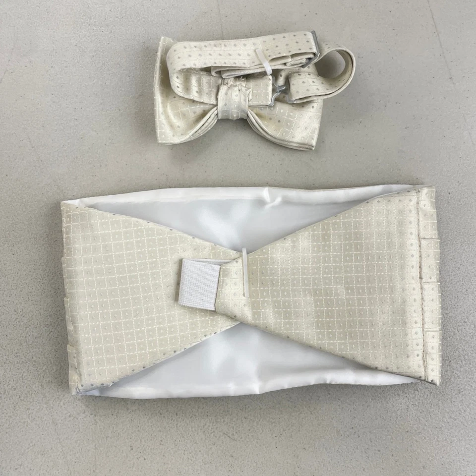 Vintage Bowtie & Cummerbund Set 90s Cream Geometric Satin Jacquard Adjustable - Image 3 of 4