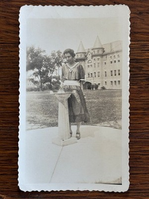 Young Woman 1920s Snapshot Photograph Alta Hall Fountain Architecture