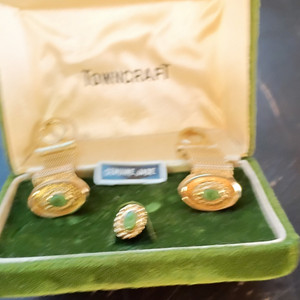 Townecraft Men's Gold Cufflinks & Ring Set w/ Green Oval Jade