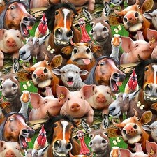 Animal Fabric - Farm Selfies Horse Pig Sheep - Elizabeth's Studio YARD