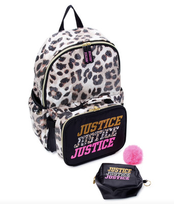 Justice Girls 17'' Laptop Backpack Set with Lunch Tote and Pouch Leopard 4 Piece