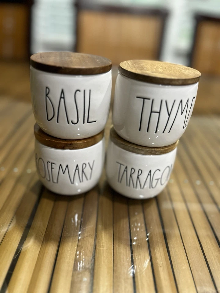Recipiente de ervas Rae Dunn cerâmica manjericão tomilho alecrim estragão madeira preto e branco - Imagem 2 de 4