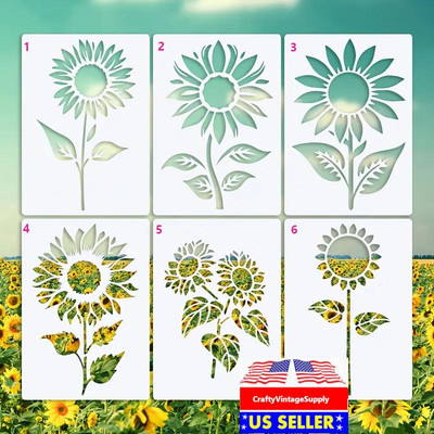 Sunflower 6 styles happy flower stencil 8.5'' x 5.75'' designs for tile & crafts