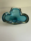 Large Murano Sommerso Ashtray Dish Peacock Blue Gold Mid Century