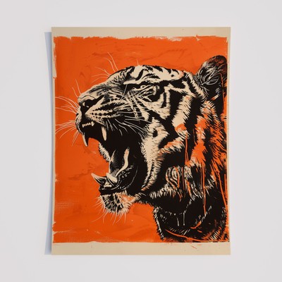 Roaring Tiger Wall Art Print   Bold Orange Jungle Animal Poster