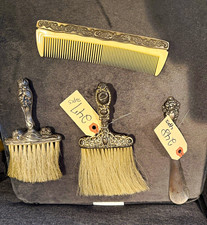 Vintage Vanity Grooming Set Ornate Hand Mirror, Brushes, Comb Oval Brush