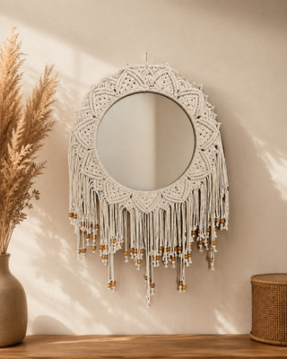 Boho Macrame Beds Mirror Handmade Wall Hanging Decor Cotton Rope Round Mirror 02