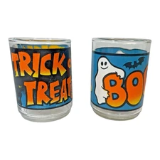 Vintage (2) Halloween Trick or Treat & Boo Indiana Glass Votive CupsMade In USA