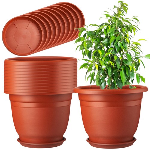12 Pack 8+'' Plastic Plant Pots Round Planter Pots with Saucer Tray Seedling ...