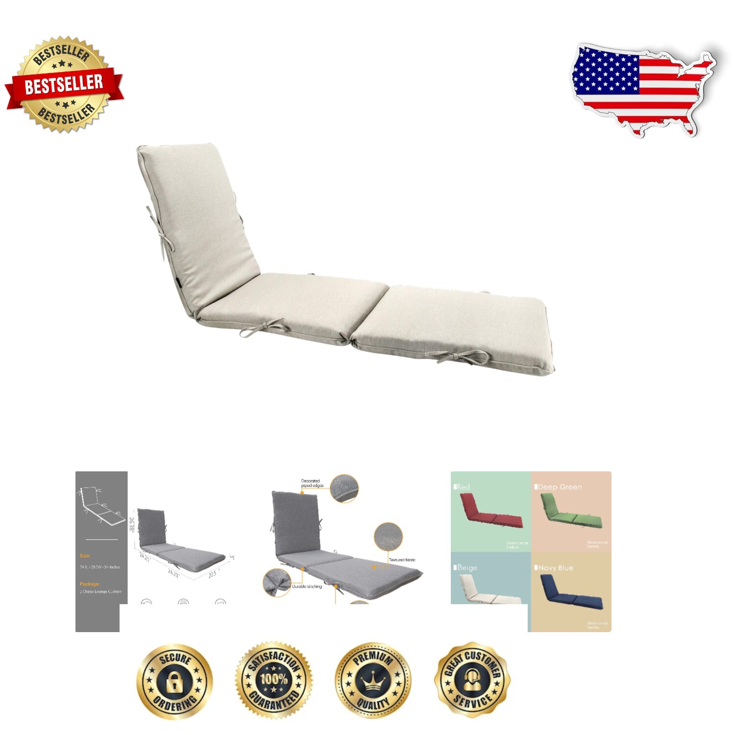 Elegant Damask Pattern Chaise Lounge Cushion - Perfect for Indoor and Outdoor