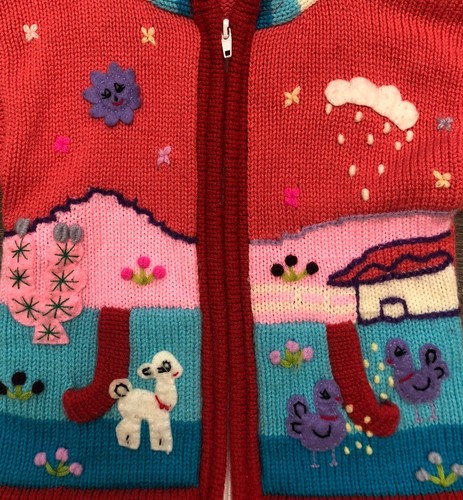Peruvian Sweater Hoodie Girls 3-4 Pink Alpaca Chickens Birds Sun Flowers *hole - Picture 3 of 10