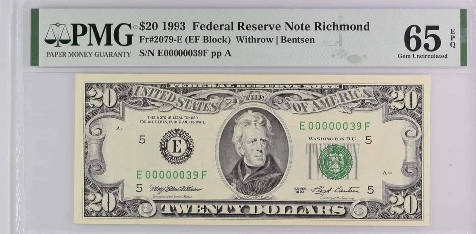 Low Serial Number 39 $20 Year 1993 S/N E00000039F PMG65EPQ - Image 2 of 3