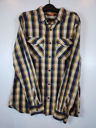 MERRELL Men’s Button-Up Long-Sleeve Blue Gold White Plaid Shirt Large Outdoor