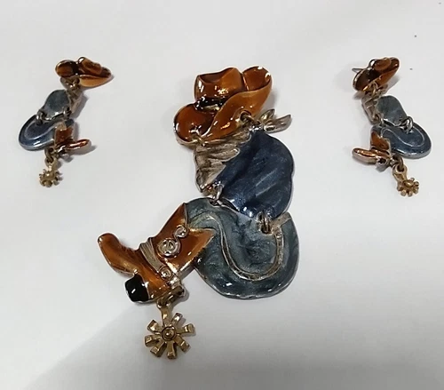 Vintage Don-Lin Articulated Costume Jewelry Cowboy Brooch w/Earrings