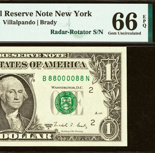 1988A $1 FRN PMG 66EPQ - Top Pop - Finest Radar-Rotator Serial Number 88000088