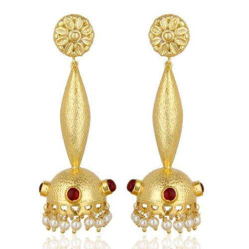 Boucles d'oreilles Jhumka bijoux plaqué or 18 carats argent sterling 925 perles et rouge onyx - Photo 1/4