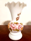 Vintage Davis & Lynch Tall Ruffled Hand Painted Art Milk Glass Vase