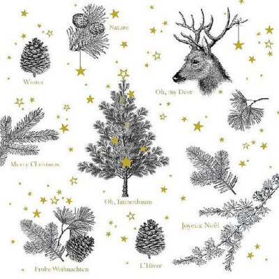 3 SERVIETTEN 33 X 33 / HIRSCH TANNE ZAPFEN ZWEIGE GOLDENE STERNE / OH, MY DEER