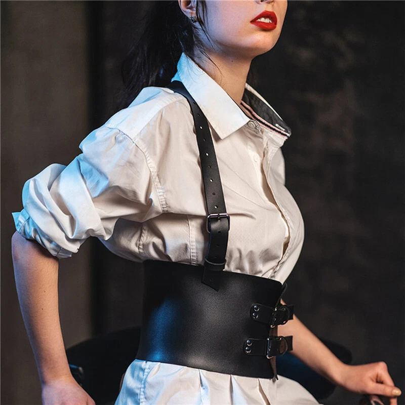 Fetish Women PU Leather Harness Belt BDSM Wide Punk Goth Bra Shoulder Waist Belt - Image 3 of 4