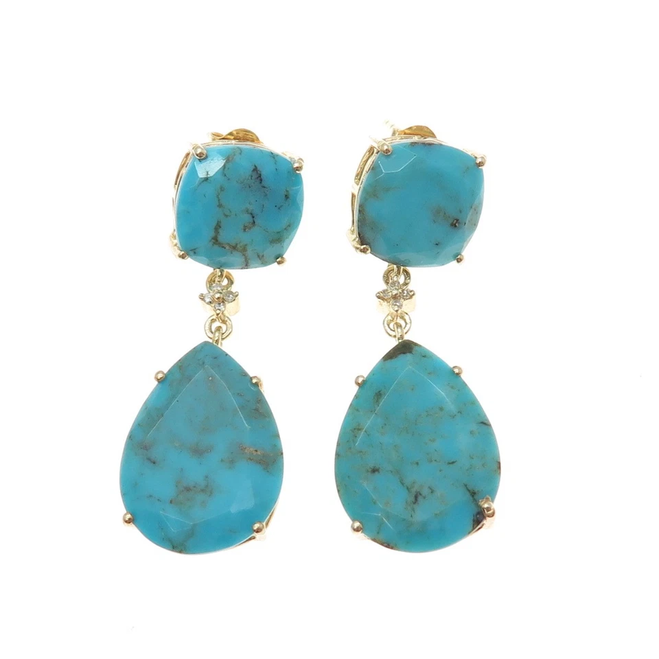 925 Sterling Silver Gold Plated Real Diamond & Lone Mountain Turquoise Earrings - Image 4 of 4