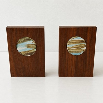Gordon Jane Martz For Marshall Studios Ceramic Tile Walnut Bookends MCM 1960s